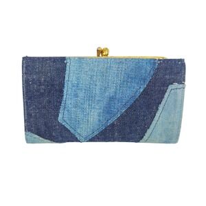 Vintage Patchwork Denim Kiss Lock Wallet Blue Photo Sleeves 2 Pouches  + Pockets